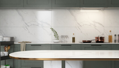 Luxury marble dining table, sage green kitchen counter with white countertop, cooktop, cupboard and...