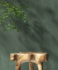 Beautiful grain, natural shape wooden podium table, tropical tree in sunlight, leaf shadow on matte...