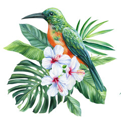Beautiful tropical bird, isolated white background. watercolor illustration, hand drawing