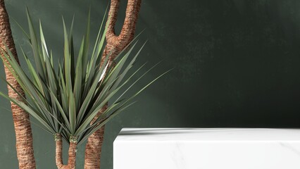 Minimal, modern white marble stone counter table, tropical dracaena tree in sunlight on matte texture green wall background for luxury organic cosmetic, skin care, beauty treatment product display 3D