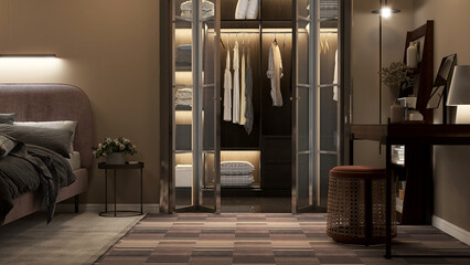 Luxury, modern design of walk in closet with stainless frame, wooden wardrobe in dark brown...