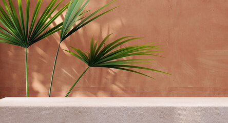 Soft rose pink cotton tablecloth on counter table, bamboo palm tree in sunlight on matte texture brown wall background for luxury fresh organic cosmetic, skincare, beauty treatment product display 3D