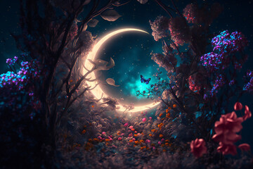 Obraz na płótnie Canvas A mystical night scene of a 3D Ramadan moon among a fantasy forest of glowing flowers