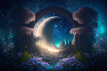 A mystical night scene of a 3D Ramadan moon among a fantasy forest of glowing flowers