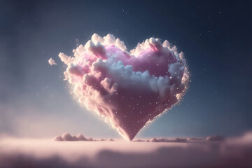 Pink heart-shaped cloud floating in sky, generative AI