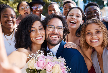 Wedding, selfie and happy friends and family celebrating love of groom and bride at a ceremony or...