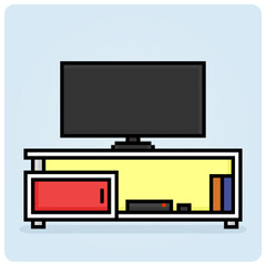 8-bit Pixel Interior Living Room In Vector Illustration for Game Assets. Modern decorating Flat TV on desk with a minimalist style
