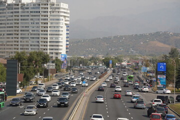 Almaty, Kazakhstan - 09.18.2022 :  A traffic interchange with a lot of traffic in the central part...
