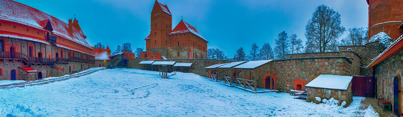 Lithuanian Travel Ideas. Panorama Image of Inner Yard of Trakai Medieval Castle with Towers of Red Bricks in Lithuania