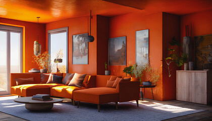 Fototapeta premium A vibrant bohemian-inspired living room with bold orange accents and a cozy, lived-in feel. Generative AI