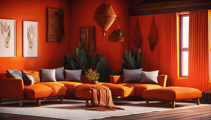 A vibrant bohemian-inspired living room with bold orange accents and a cozy, lived-in feel. Generative AI