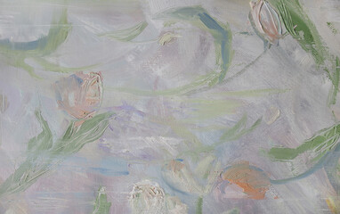 Pastel color panorama wallpaper. Soaring tulips painting. Dim white cement texture. Rough putty effect.