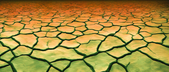 A painting depicting a parched lake bed, featuring a cracked and broken surface. Generative AI