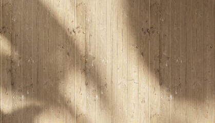 Tropical banana leaf shadow on brown grunge pinewood plank panel wall background for interior design decoration, pattern, luxury organic cosmetic, skincare, beauty treatment product display 3D