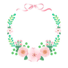 Fototapeta premium 桜と四葉のリボン付フレーム ベクターデザイン素材