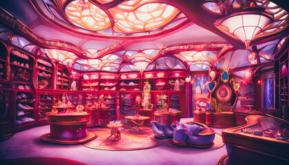 The painting depicts the interior of a magical fairy shoe store, adorned with decorative details and embellishments creating a whimsical and fantastical atmosphere. Generative AI