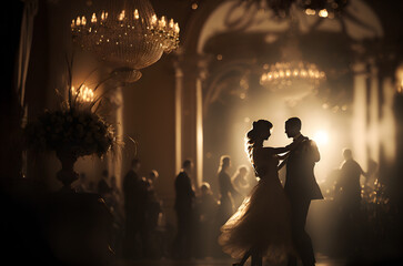 A Couple Dancing in a Romantic Ballroom, with a Chandeliers in the Background - Generative AI