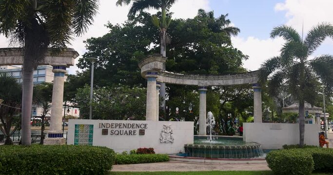 Barbados Bridgetown City Caribbean Independence square fountain. Barbados an eastern Caribbean island, independent British Commonwealth nation. Tourist destination and strong economic influence.