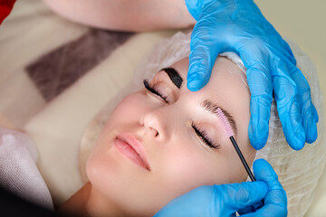 Beautician Tattooing Woman's Eyebrows Using Special Equipment During Process of Permanent Make-up Tidying Up Using Brush.