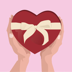 heart in hand. Valentine's day concept with hand-drawn gift box illustration.Vector illustration. Wallpaper, stickers, flyers, invitations, posters, brochures, banners.