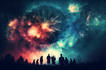 Fototapeta na wymiar Fireworks Exploding in the Night Sky with People Watching and Celebrating - Generative AI