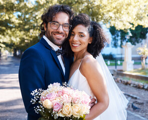 Wedding, bride and groom portrait with flowers and hug at romantic outdoor marriage event...