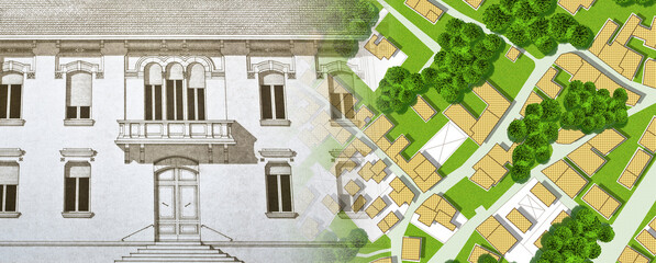 Register old buildings at buildings cadastre for taxation - Land registry concept with an imaginary cadastral map of territory and old italian historic building