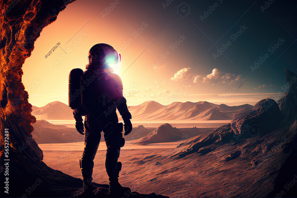Wall mural alone astronaut in space suit on surface of red planet. space exploration, colonization of new plane