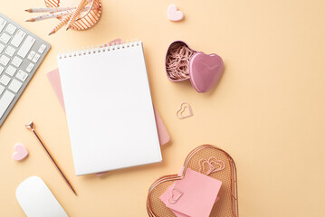 8-march concept. Top view photo of keyboard computer mouse stationery copybooks heart shaped pen holder pencils clips and sticky note paper on isolated pastel beige background with blank space