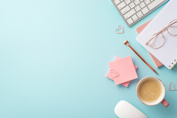 Valentine's Day concept. Top view photo of keyboard copybooks pen heart shaped clips sticky note...