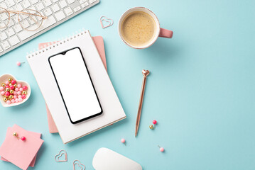 Top view photo of keyboard smartphone planners pen sticky note paper heart shaped saucer pushpins...