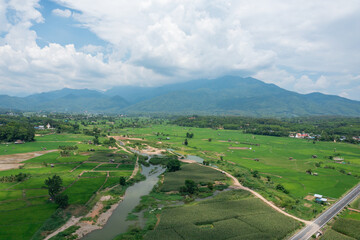 Obraz premium Aerial view of green rice field at countryside village in Nan province, Thailand.