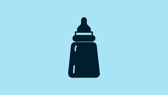Blue Baby bottle icon isolated on blue background. Feeding bottle icon. Milk bottle sign. 4K Video motion graphic animation
