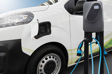 Electric delivery van with electric vehicles charging station.	