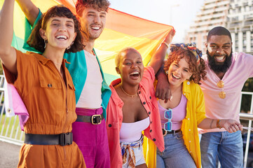 Portrait, rainbow and flag with a friends outdoor together for diversity, gay pride or freedom. Support, lgbt and human rights with a man and woman friend group standing outside for equality - obrazy, fototapety, plakaty
