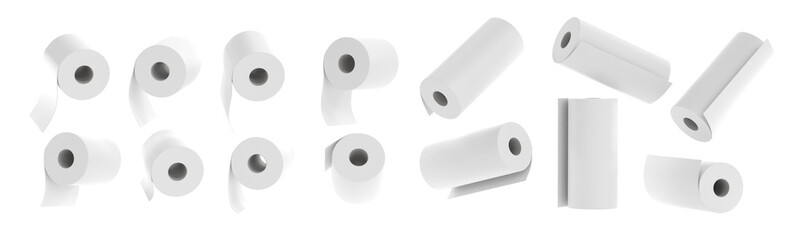 Cellulose production toilet paper, kitchen towel rolls 3d render. Realistic set of napkin icons, mockup hygiene accessories for restroom or bathroom isolated on white background