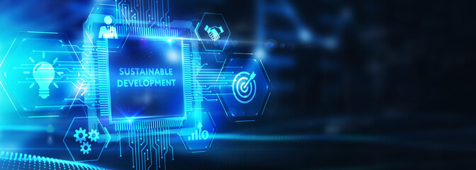 SUSTAINABLE DEVELOPMENT inscription, cloud technology concept. Business, Technology, Internet and network concept. 3d illustration