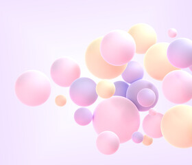 Abstract geometric background with frosted spheres in pastel colors 3d render. Flying pink purple yellow matte balls or bubbles in motion. Wallpaper, cover or banner graphic design