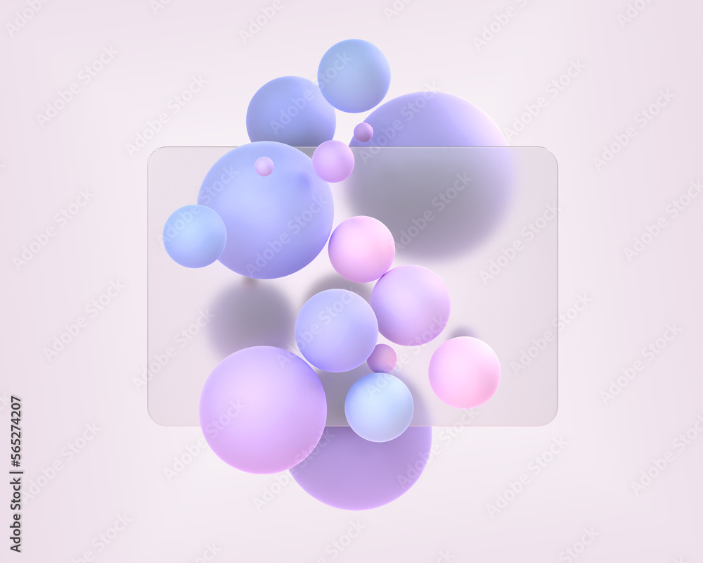 Aufkleber glassmorphism style composition 3d render. frosted glass plate with blur effect and colorful spheres