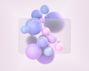 Glassmorphism style composition 3d render. Frosted glass plate with blur effect and colorful spheres on background. Translucent acrylic rectangle panel, ui design for web interface