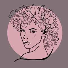 hand drawn illustration of a woman with flowers in her hair