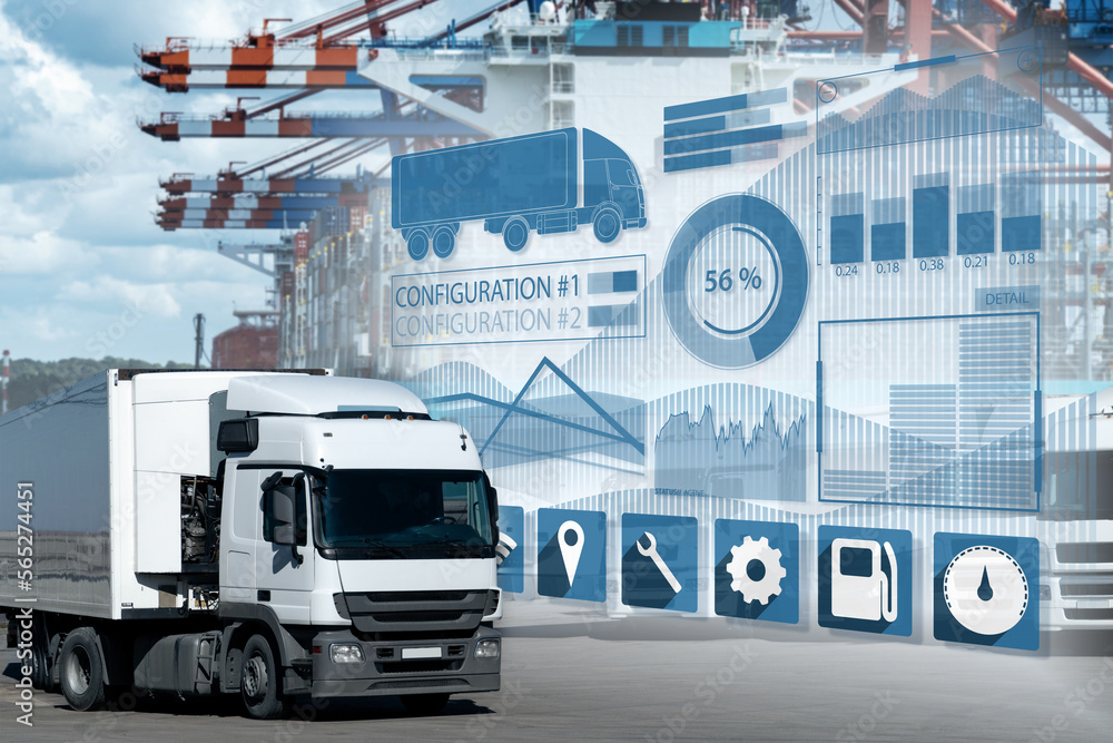 Poster fleet management infographics against the background of a trucks and ship loaded with containers in 