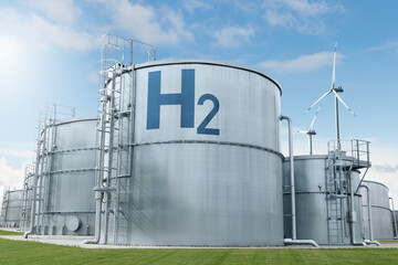 Storage tanks with Hydrogen. Green hydrogen factory concept