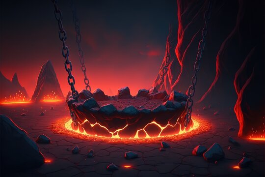 Battle arena in hell with lava. Colorful cartoon modern illustration, good for your design. AI