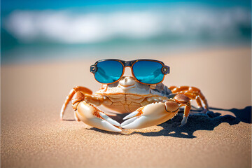 Portrait of a Crab in sunglasses on the background of a tropical beach. AI generated