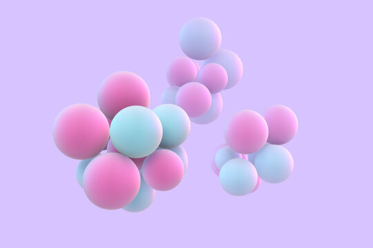 3D abstract liquid bubbles on purple background. Concept of science: floating morphing spheres, molecular elements or nanoparticles. Fluid pink and blue shapes in motion EPS 10, vector illustration. © Maksim Kabakou