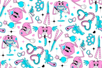 Fototapete Einhörner Valentine's Day seamless pattern in trendy y2k style. Neon palette in 90s, 00s retro aesthetics. Anti valentines day conception. Weird groove heart characters. Vector background