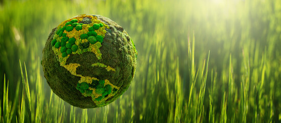 Green planet Earth from natural moss on a green grass background. Symbol of sustainable development and renewable energy  © scharfsinn86