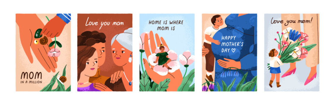 Happy Mother day greeting cards set. Mom holiday postcards designs, backgrounds with spring flower bouquet, cute children, kids, mommies, family and love quotes, phrases. Flat vector illustrations