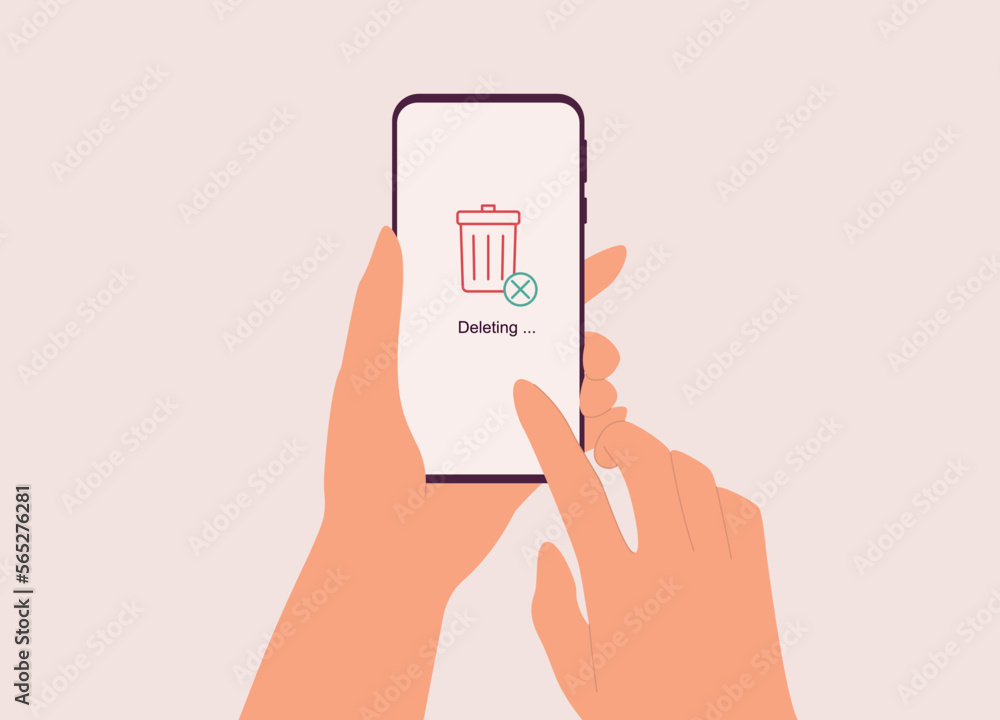 Poster a person’s hand deleting data from mobile phone with trash bin icon showing on screen. close-up. fla